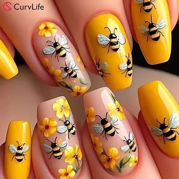 CurvLife Sunny Bee Nails Press-On Nails - 30PCS Medium Long Coffin, Non-Toxic & Reusable, Fun Cartoon Designs