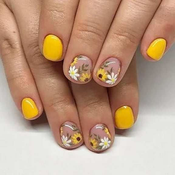 CurvLife Sunny Daisy Press-On Nails - 24PCS Short Oval, Floral Design in Lively Style