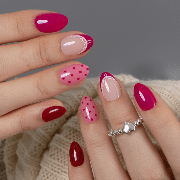 CurvLife Sweet Charm Press-On Nails - 30PCS, Almond, Easy Apply, Non-Toxic & Reusable