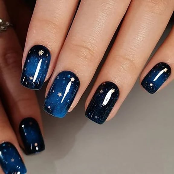 CurvLife Tranquil Starry Sky Press-On Nails - 30PCS Short Square, Non-Toxic & Reusable, Cartoon Pattern Design