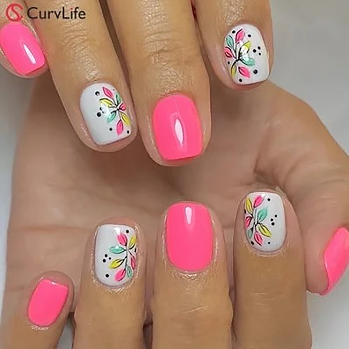 CurvLife Vibrant Neon Press-On Nails - 24PCS Short Square, Floral Design with Mirror Finish