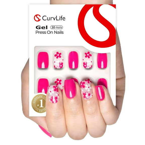 CurvLife Vibrant Pink Flowers Mirror Press-On Nails - 24PCS Short Square, Non-Toxic & Reusable, Salon Quality