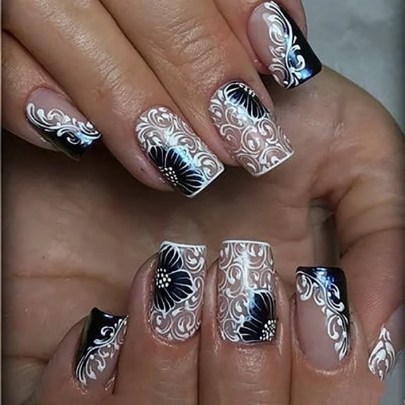 CurvLife Vintage Floral Press-On Nails - 30PCS Medium Square, Ornate Retro Patterns, Noble Elegance Style, Non-Toxic & Reusable