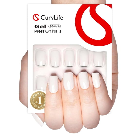 CurvLife White Pearl Gleam Press-On Nails - 30PCS Medium Square, Minimalist Solid Color