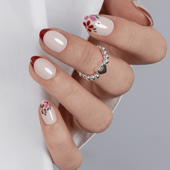 CurvLife Wine Petal Press-On Nails - 30PCS, Almond, Easy Apply, Non-Toxic & Reusable