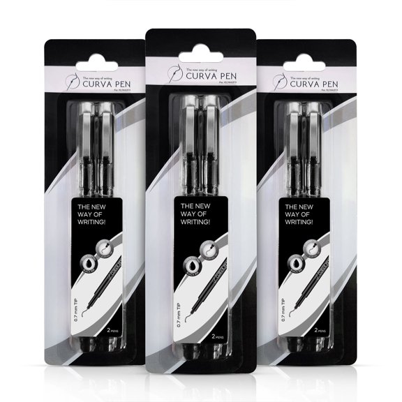 CurvaPen Recovery Bundle Pack, 6 Ergonomic Pens for Left and Right-Handed Writers, Patented Curved Nib, 0.7mm Quick-Dry Black Ink, Comfortable Writing and Drawing Pens, Black Body