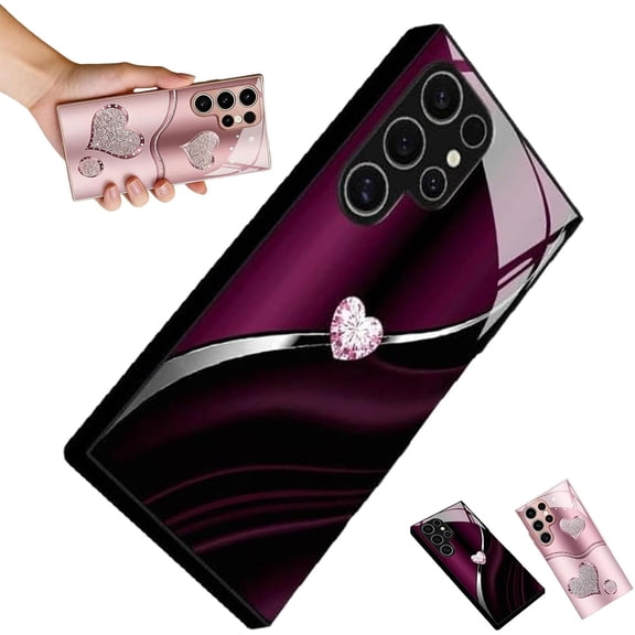 Curve Double Heart Hard Case for Samsung, Sparkling Heart Hard Case for Samsung 21/22/23/24/25/26 Series, Romantic Pink Curved Glass Phone Cases (Purple,for Samsung Galaxy S23 Plus)