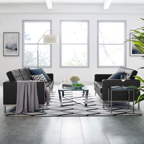Modway Loft Tufted Faux Leather Sofa and Loveseat Set - Silver Navy