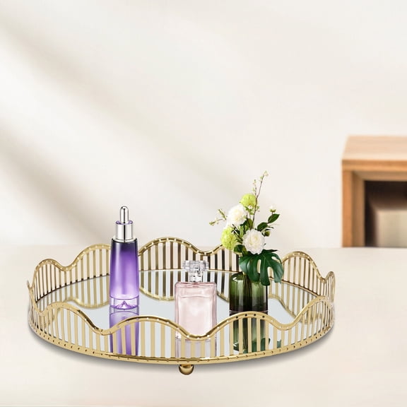 Curve Gold Glass Mirror Centerpieces Perfume Holder, Decor Organizer Storage Makeup Tray