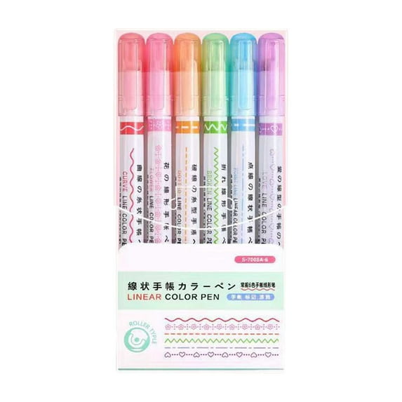 Curve Highlighter Pen Set, 6 Different Curve Shapes Dual Tip Pens, Cute Pattern Colorful Curve Highlighter Pen Writing Markers, for Writing, Drawing