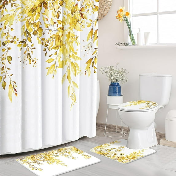 Curve Lines Sage White Shower Curtain Set 4PCs with Non-Slip Rugs,Toilet Lid Cover and Bath Mat,Bathroom Decoration 71x71 Inch with Hooks