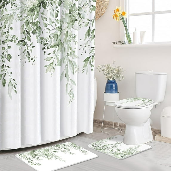 Curve Lines Sage White Shower Curtain Set 4PCs with Non-Slip Rugs,Toilet Lid Cover and Bath Mat,Bathroom Decoration 71x71 Inch with Hooks