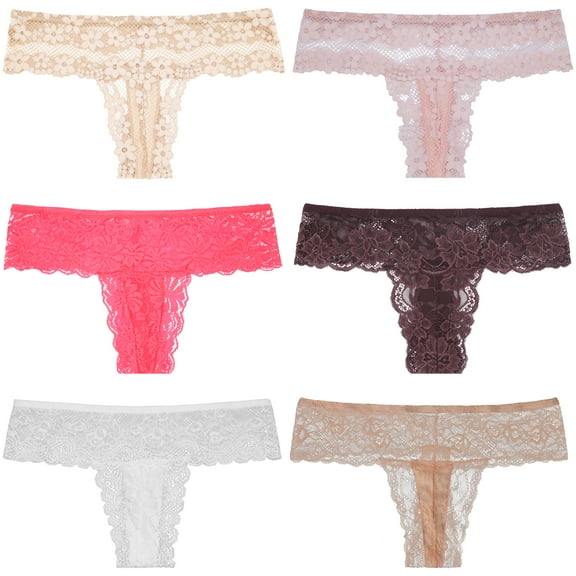 Curve Muse 6 or 12 Pack of Women's Low Rise Sexy Sheer Lace Thongs Panties -Pack-R-M/6