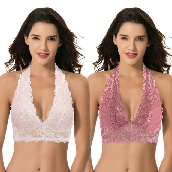 Curve Muse Plunge Bralette with Floral Lace-2pack-LT PINK,VIOLET-XL