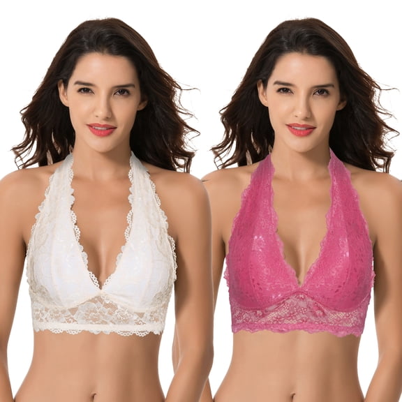 Curve Muse Plunge Bralette with Floral Lace-2pack-NUDE,HPINK-XL