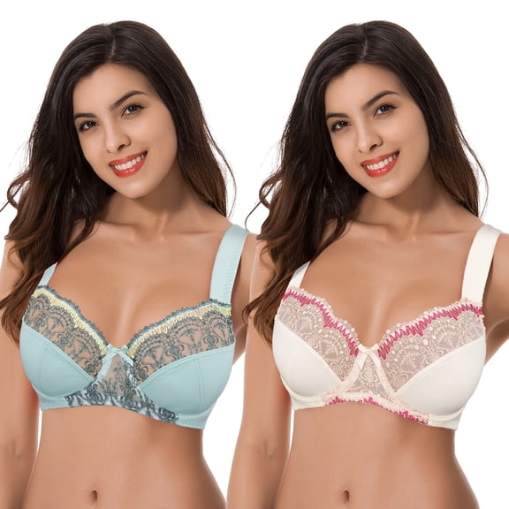 Curve Muse Plus Size Minimizer Underwire Bra With Lace Embroidery-2 Pack-BLUE HAZE,LT PINK-34DDD