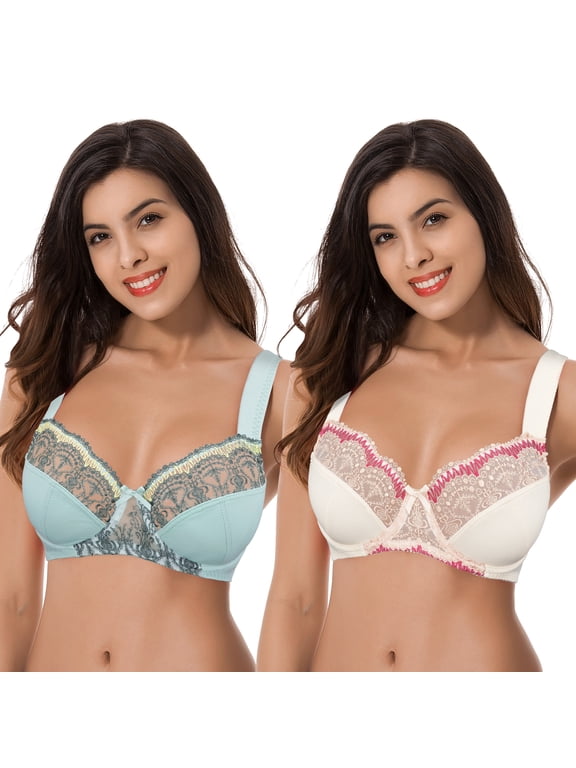 Plus Size Minimizer Underwire Bra With Lace Embroidery-2 Pack-BLUE HAZE,LT PINK-34DDD