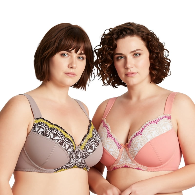 Curve Muse Plus Size Minimizer Underwire Bra With Lace Embroidery-2 Pack-BROWN,PEACH AMBER-46DD