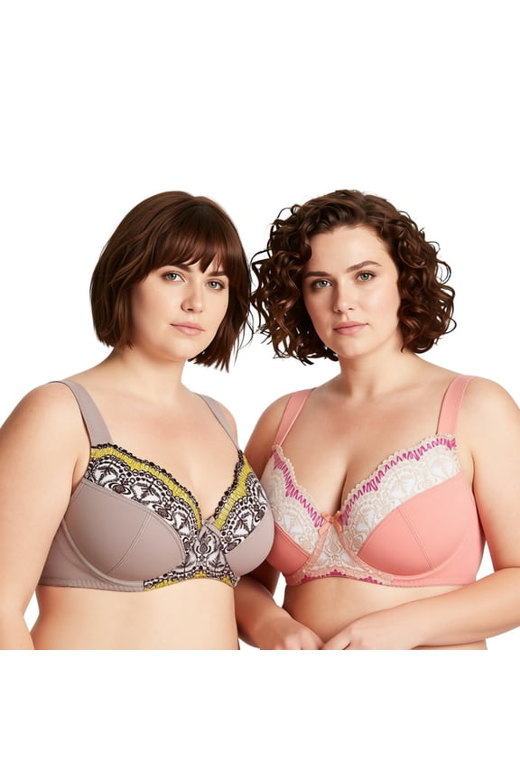 Plus Size Minimizer Underwire Bra With Lace Embroidery-2 Pack-BROWN,PEACH AMBER-46DD