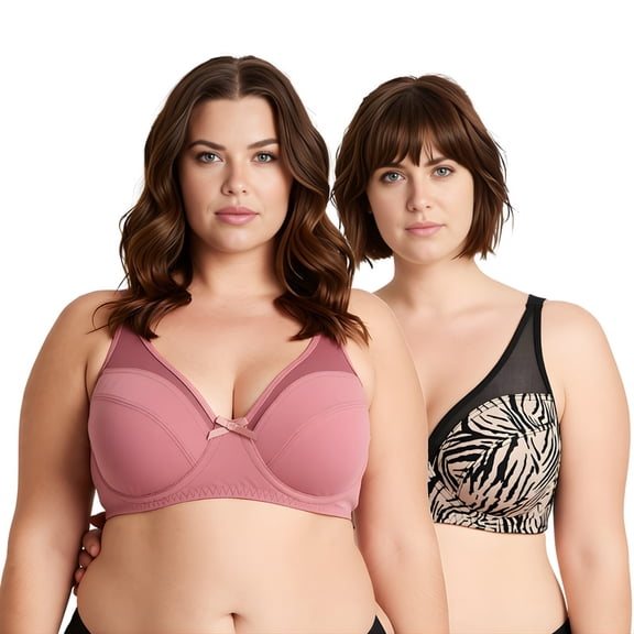 Curve Muse Plus Size Minimizer Underwire Bra with Floral and leopard Print-2 Pack-Black/Gry,Brown (Size:34B)