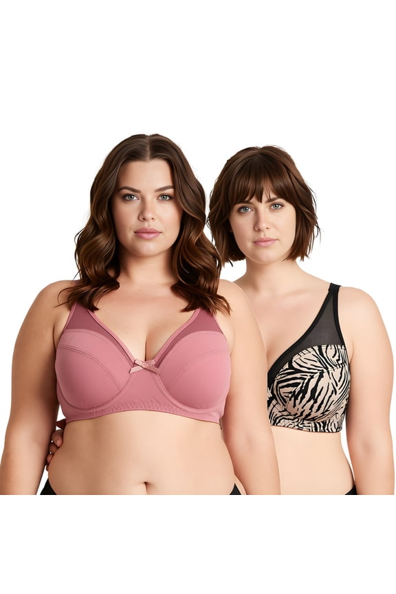 Plus Size Minimizer Underwire Bra with Floral and leopard Print-2 Pack-Black/Gry,Brown (Size:34B)