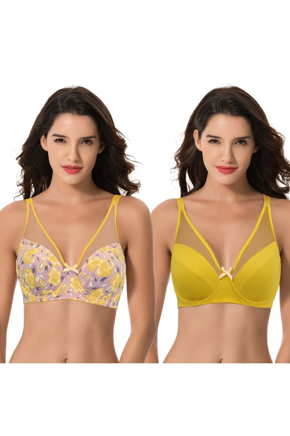 Plus Size Minimizer Underwire Bra with Floral and leopard Print-2pack-YELLOW,MAUVE/YELLOW (Size:46DD)