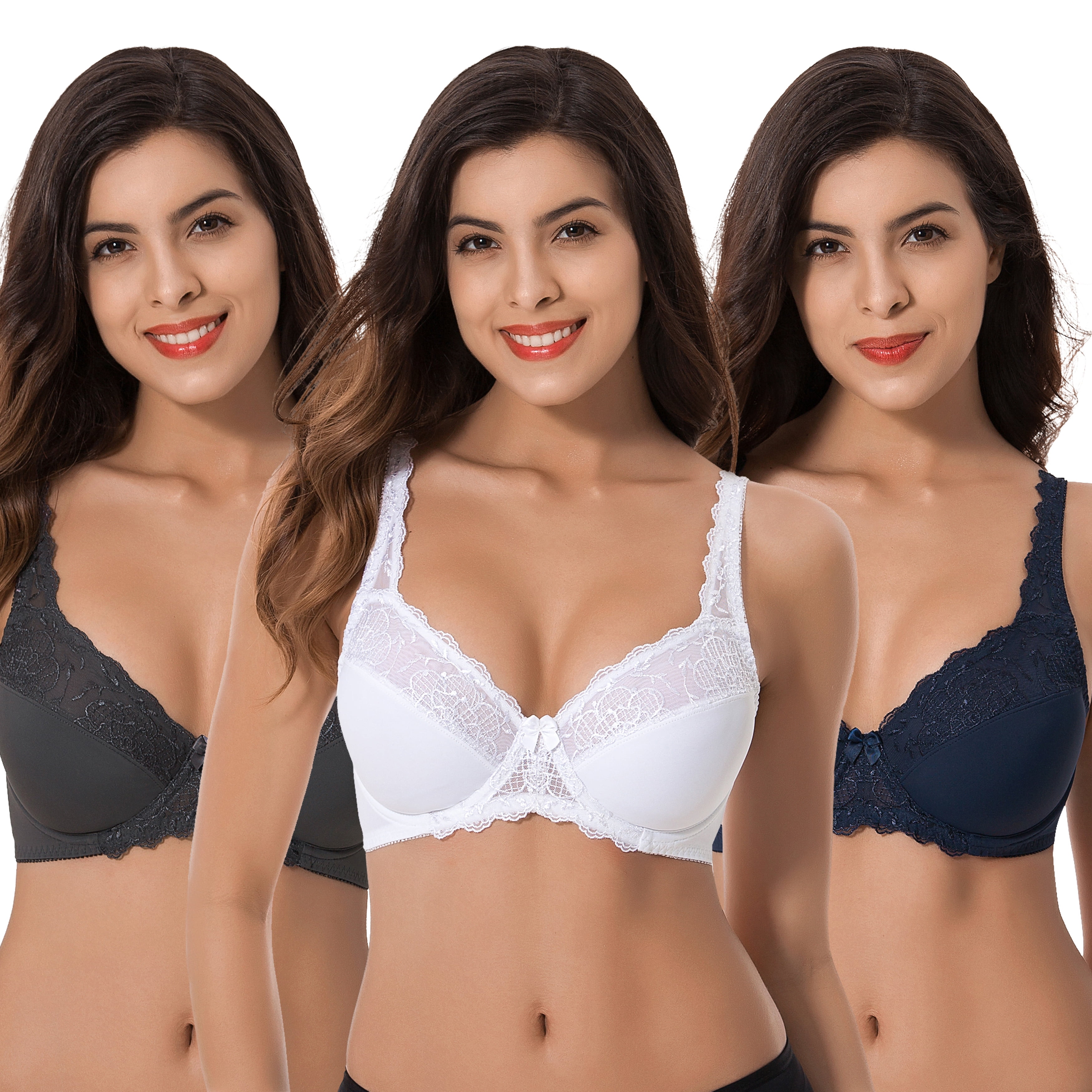 Curve Muse Plus Size Minimizer Underwire Unlined Bra with Embroidery  Lace-3Pack-IVORY,RED,LT BLUE-46DDDD