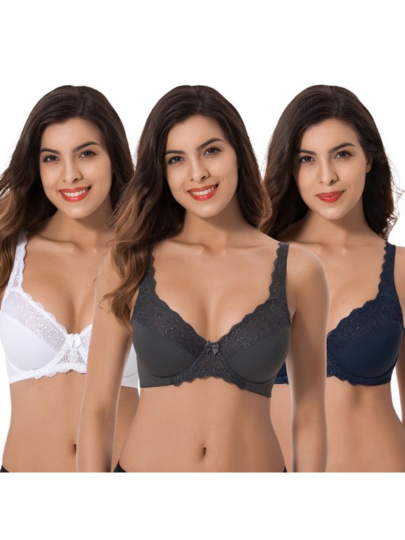 Plus Size Minimizer Underwire Unlined Bra with Embroidery Lace-3Pack-Slate,Navy,White-34DDDD