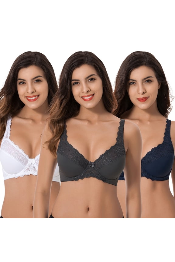 Plus Size Minimizer Underwire Unlined Bra with Embroidery Lace-3Pack-Slate,Navy,White-40DDD