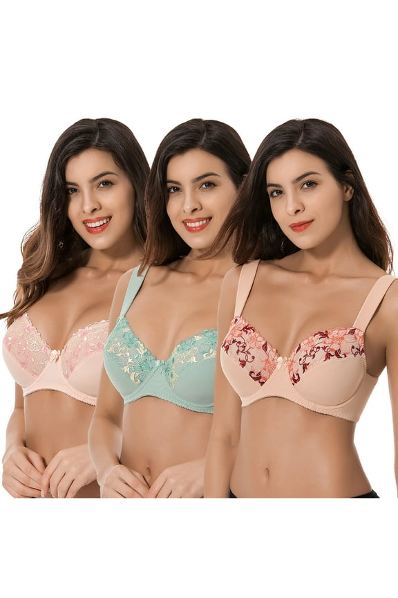 Plus Size Minimizer Underwire Unlined Bras with Embroidery Lace-3Pack-SAGE,LIGHT BROWN,BLUSH-48DDD