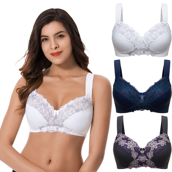 Curve Muse Plus Size Minimizer Unlined Wirefree Bra with Lace Embroidery-3Pack-WHITE,Navy,GRAY-34DDD