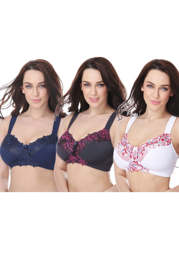 Plus Size Minimizer Unlined Wirefree Bra with Lace Embroidery-3Pack-WHITE, Navy, GRAY-34D