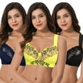 thumbnail image 1 of Curve Muse Plus Size Minimizer Unlined Wireless Bra with Lace Embroidery-3Pack-Black,Navy,Yellow-42D, 1 of 2