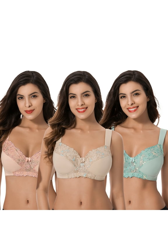 Plus Size Minimizer Unlined Wireless Bra with Lace Embroidery-3Pack-Blush,Sage,Nude-46C