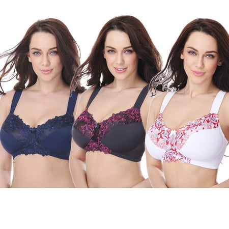 Curve Muse Plus Size Minimizer Unlined Wireless Bra with Lace Embroidery-3Pack-WHITE, NAVY, GRAY-46B