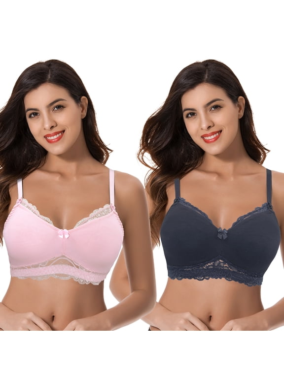 Plus Size Nursing Cotton Unlined Wirefree Bra With Lace Trim-2 PK-LIGHT PINK,SLATE-34DD