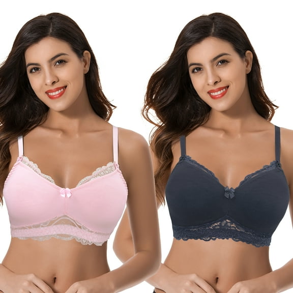 Curve Muse Plus Size Nursing Cotton Unlined Wirefree Bra With Lace Trim-2 PK-LIGHT PINK,SLATE-34D