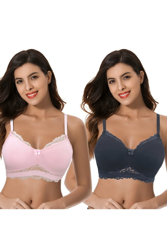 Plus Size Nursing Cotton Unlined Wirefree Bra With Lace Trim-2 PK-LIGHT PINK,SLATE-34D