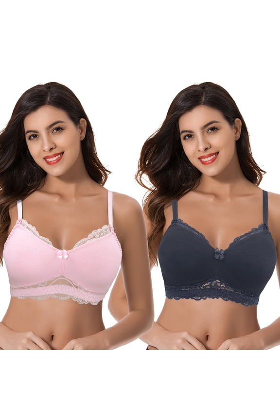 Plus Size Nursing Cotton Unlined Wirefree Bra With Lace Trim-2 PK-LIGHT PINK,SLATE-40DD