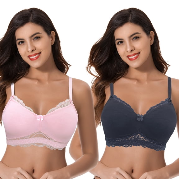 Curve Muse Plus Size Nursing Cotton Unlined Wirefree Bra With Lace Trim-2 PK-LIGHT PINK,SLATE-46C