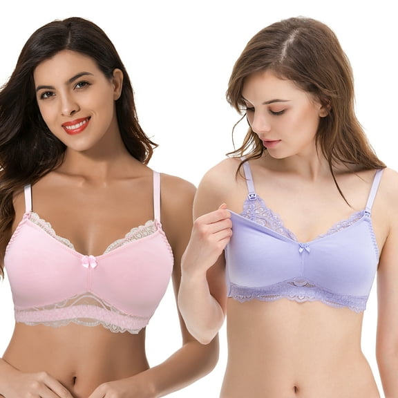 Curve Muse Plus Size Nursing Cotton Unlined Wirefree Bra With Lace Trim-2 PK-PINK,LAVENDER-34C