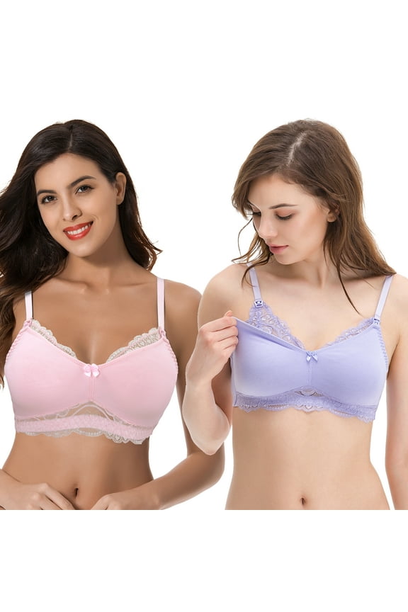 Plus Size Nursing Cotton Unlined Wirefree Bra With Lace Trim-2 PK-PINK,LAVENDER-34C