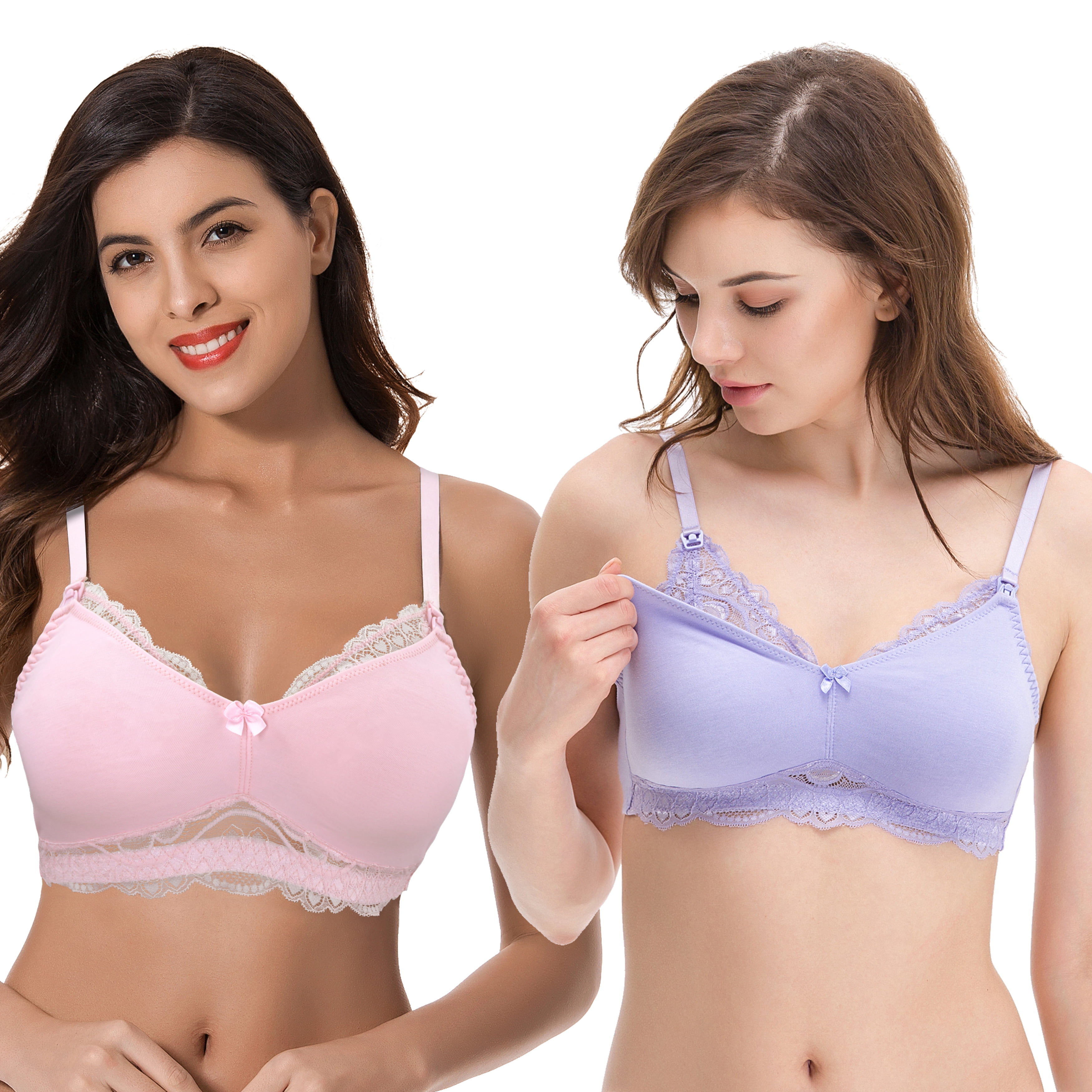 Curve Muse Plus Size Nursing Cotton Unlined Wirefree Bra with Lace Trim-2 PK-Pink,Lavender-38D