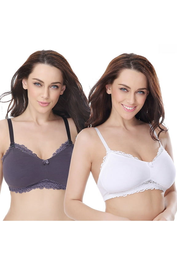 Plus Size Nursing Cotton Unlined Wirefree Bra With Lace Trim-2 PK-Slate, White-40C