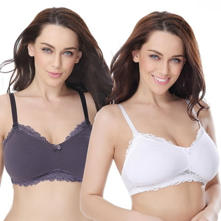 Curve Muse Plus Size Nursing Cotton Unlined Wirefree Bra With Lace Trim-2 PK-Slate, White-42C