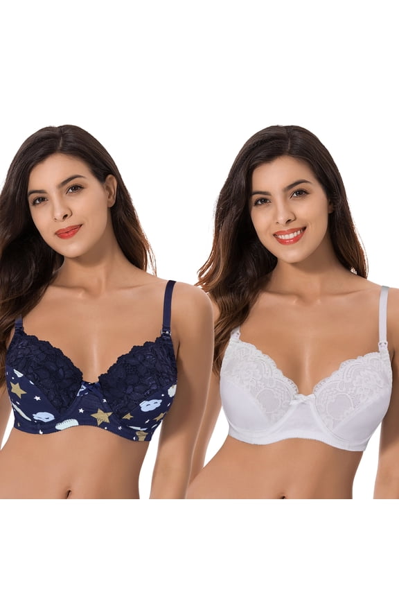 Plus Size Nursing Underwire Bra with drop-down cups (Pack of 2)-Navy Print Yellow,White-42C