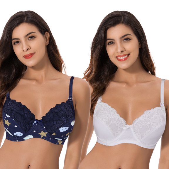 Curve Muse Plus Size Nursing Underwire Bra with drop-down cups (Pack of 2)-Navy Print Yellow,White-44DD