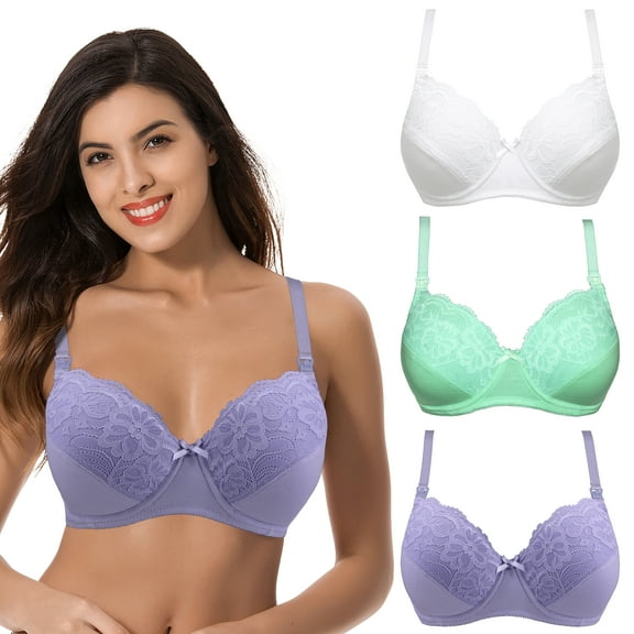 Curve Muse Plus Size Nursing Underwire Bra with drop-down cups (Pack of 3)-IVORY,LAVENDER,LT GREEN-46D