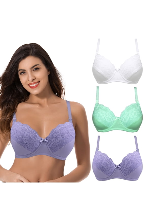 Plus Size Nursing Underwire Bra with drop-down cups (Pack of 3)-IVORY,LAVENDER,LT GREEN-46D
