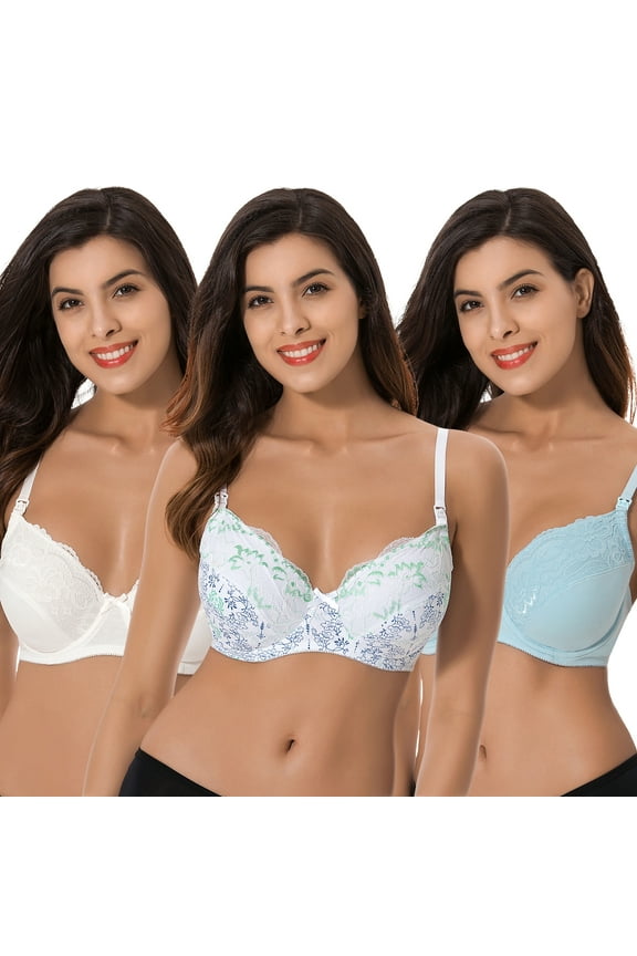 Plus Size Nursing Underwire Bra with drop-down cups (Pack of 3)-WHITE PRINT,LIGHT BLUE,CREAM-40DD